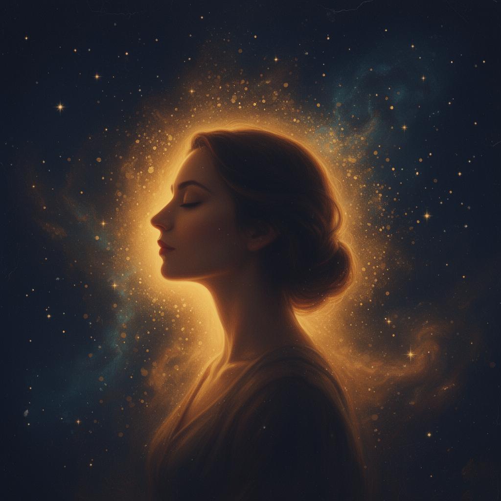 Founder portrait, glowing in cosmic light